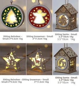 Detail showing various wooden Christmas ornaments with LED lights and different patterns