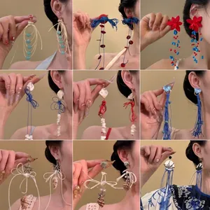 Bohemian Long Tassel Dangle Earrings With Silver Earring Post Shell Glass Beads Fabric Flower Summer Beach Vacation Style