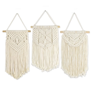 Set of three handmade Bohemian woven cotton tapestries with fringe and geometric patterns