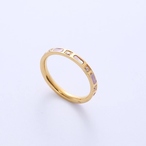 Elegant 18K gold-plated titanium ring with oval pink shell and white zircon crystals