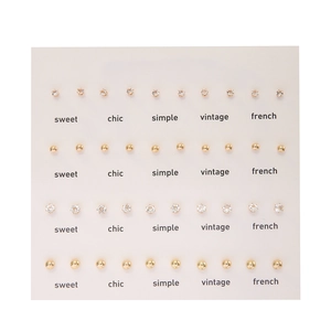 Set of 20 pairs minimalist gold ball studs and sparkling zircon earrings on card