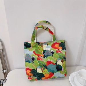 Cute canvas tote bag with green cat and forest prints and simple wish label