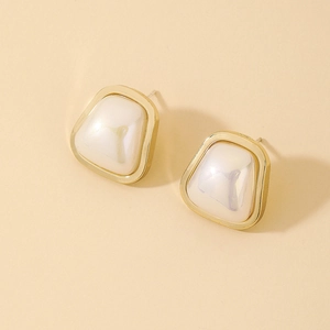 Geometric Stud Earrings With Imitation Artificial Pearl Alloy Frame And 925 Sterling Silver Earring Post Minimalist Fashion Jewelry