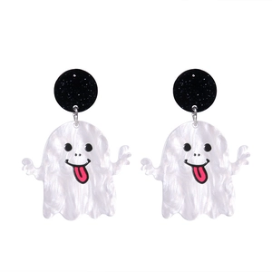 Cartoon ghost earrings with black glitter studs made of pearlescent white acrylic