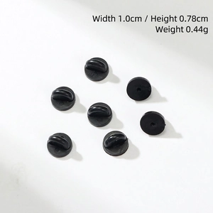 Detailed view of 10mm black plastic butterfly clutch pin backs showing dimensions