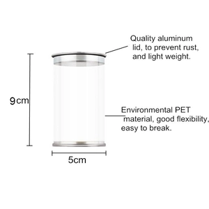 Technical drawing showing 9x5cm PET plastic jar with quality aluminum screw lid