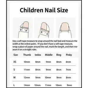 Guide des tailles de faux ongles canard pour enfants avec mesures de XS à L précises