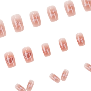 Cute heart and cloud pattern on pink gradient short square press-on nails set