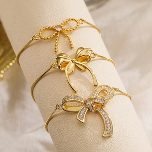Gold Plated Copper Bow Pendant Bracelet Sparkling Rhinestone Micro Inlaid Adjustable Slider Bolo Chain Fashion Jewelry For Women