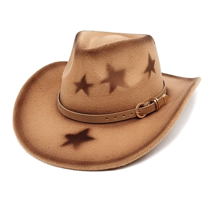 Brown wool felt cowboy hat featuring dark star patterns and a brown leather buckle band