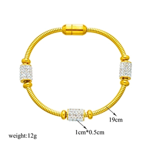 Gold plated stainless steel bracelet with three diamond-studded beads and magnetic clasp