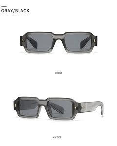 Front and side view of square matte grey sunglasses with golden arrow accents
