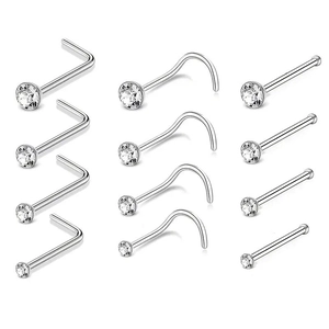 12pcs G23 titanium nose stud set with 5A cubic zirconia in L-shape and bone designs