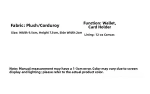 Detailed size chart for red velvet mini coin purse with dimensions and material specs