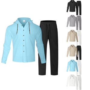 Men Casual Shirt And Trousers Linen Blend Hooded Long Sleeve Drawstring Solid Color Loose Vacation Outfits
