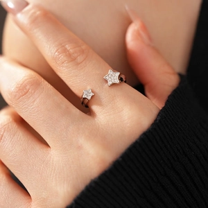 Silver 18k plated star open ring with micro-pave zircons worn on hand for women