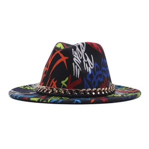 Graffiti wool jazz hat with gold Cuban chain and wide brim in black street style