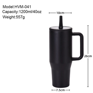 Technical specifications for 40oz black insulated travel mug showing dimensions and weight