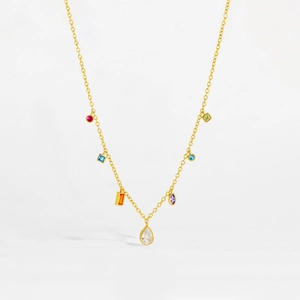 Detailed close-up of S925 silver necklace featuring colorful gems and pear-cut pendant