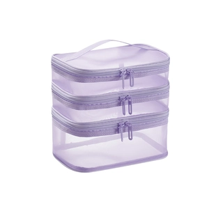 Set de 3 neceseres de malla color lavanda con cremalleras y asas de transporte