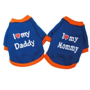 Detail view of blue and orange fleece dog sweaters with I Love Mommy and Daddy print