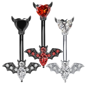 Gothic Devil Heart Bat Belly Button Ring Stainless Steel Cubic Zirconia Navel Piercing Dangle Body Jewelry For Women