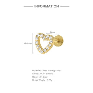 Detailed size and material guide for 925 sterling silver heart stud with AAAA zirconia
