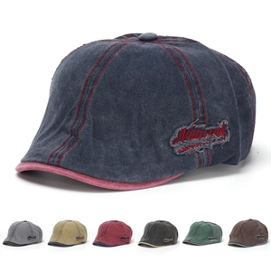 Vintage Washed Denim Newsboy Cap For Women And Men Adjustable Forward Cap With Letter Embroidery Patch Contrast Stitching Beret Hat
