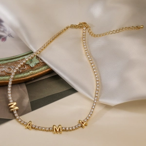 Elegant 18K gold plated MAMA letter pendant tennis necklace with sparkling zircons