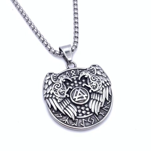 Viking Valknut pendant necklace in silver stainless steel featuring ravens and rune circle