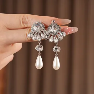 French vintage silver needle earrings with crystal flowers and pearl waterdrop pendants
