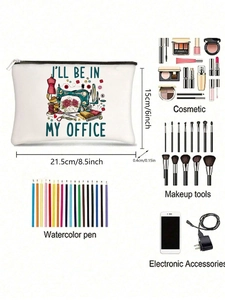 Detailed size chart for white canvas pouch showing 21.5x15cm dimensions and multi-use capacity