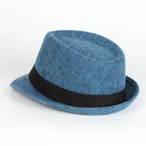 Close-up of the woven linen texture and black decorative ribbon on this blue fedora hat