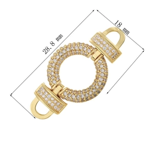 Detail view of gold-plated D-ring connector with crystal inlay showing 28.8mm dimensions