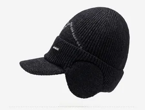 Side view of men's winter knit hat featuring windproof ear flaps and thick black texture