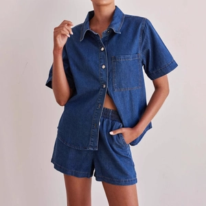 Women Denim Short Sleeve Button Up Shirt And Elastic Waist Shorts Casual Vintage Wash Cotton Outfits