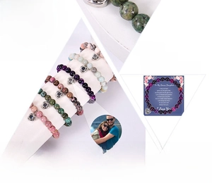 Infographic showing natural stone bead bracelets with custom heart projection pendant