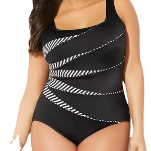 Plus size one-piece swimsuit in black with white diagonal stripes and wide U-neckline