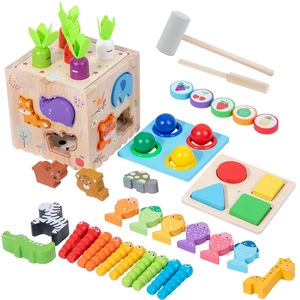 Multifunctional wooden Montessori puzzle box with shapes, carrots, and animal blocks