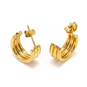 Three-layer C-shaped gold hoop earrings with polished 18k finish and secure butterfly backs