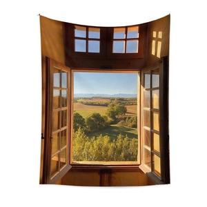 Detailed close-up showing the 3D autumn pastoral window scenery on polyester tapestry