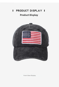 Detailed embroidery of American flag on charcoal washed cotton baseball cap texture