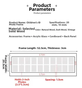 Detailed size chart for multi-slot solid wood baby photo frame with 20 grids