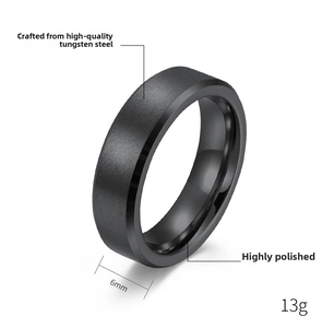 Detail of 6mm brushed matte black tungsten ring with polished edges and industrial style