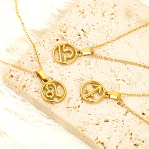 Golden 18K titanium steel zodiac necklaces with Libra and Leo hollow circular pendants