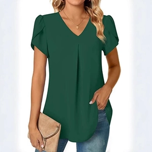 Deep green V-neck chiffon shirt for women featuring delicate petal sleeves and front pleats