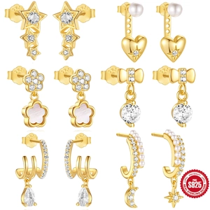 Heart Star Butterfly Flower Earrings With 925 Sterling Silver Earring Post Zirconia Artificial Pearl Shell Jewelry Gift For Women