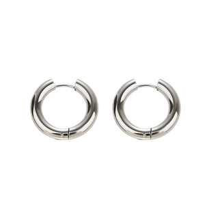 Minimalist silver titanium steel hoop earrings featuring a polished mirror finish on white background