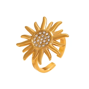Detail of adjustable gold sunflower ring featuring radiant lines and sparkling crystals