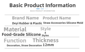 Technical specifications for food grade silicone straw topper molds showing dimensions
